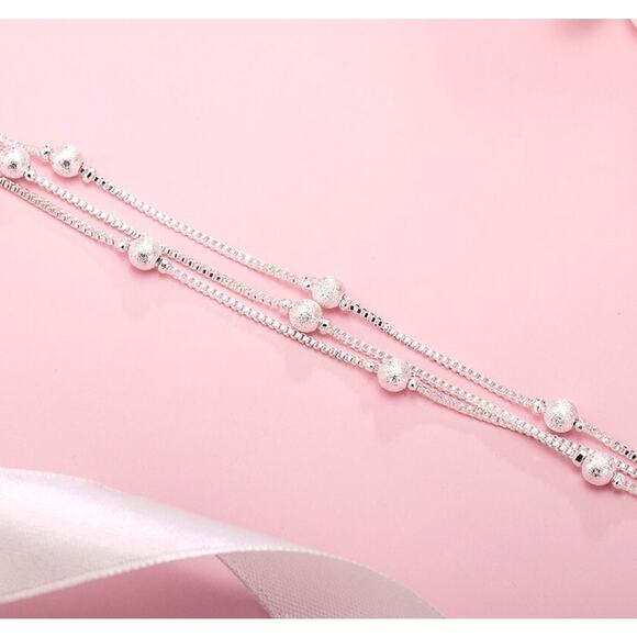 Women's 925 Sterling Silver 3-Layer Chain Dainty Bracelet Frosted Ball Bead 20CM - Picture 3 of 5